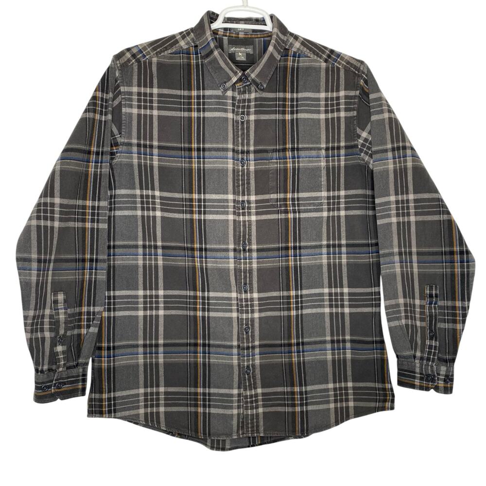 Eddie Bauer Plaid Flannel Shirt Gray Slim Fit Button Up Mens XL Tall Grunge